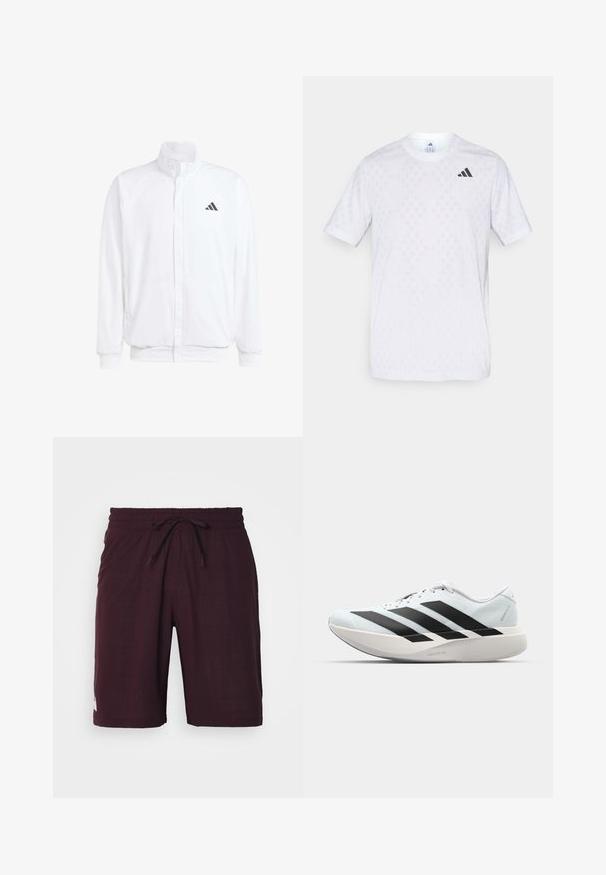 Witte lichtgewicht jas met een staande kraag, voorzijde met rits, zijzakken en een zwart Adidas-logo op de linkerborst. Zachte textuur.; Witte t-shirt met korte mouwen, voorzien van een subtiel ruitpatroon, gemaakt van lichte stof, met een zwart adidas-logo op de borst.; Bordeauxrode shorts gemaakt van textuurstof, met een elastische tailleband met trekkoord, en een klein wit logo op de onderrand.; Lichte hardloopschoenen in lichtblauw met zwarte strepen. Beschikt over een soepele bovenkant, ronde neusstuk en dikke witte tussenzool met het label "LIGHTSTRIKE PRO."