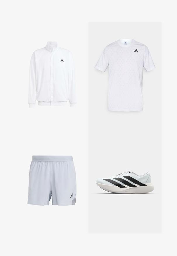 Bílá lehká bunda s stojatým límcem, předním zipem, bočními kapsami a černým logem Adidas na levé hrudi. Měkká textura.; Bílý tričko s krátkým rukávem s jemným diamantovým vzorem, vyrobené z lehkého materiálu, s černým logem adidas na hrudi.; Světlé šedé sportovní šortky z prodyšného materiálu, s texturovaným designem, elastickým pasem a černým logem na boku.; Lehké běžecké boty v světle modré barvě s černými pruhy. Mají hladký svršek, kulatou špičku a silnou bílou mezipodešev označenou "LIGHTSTRIKE PRO."