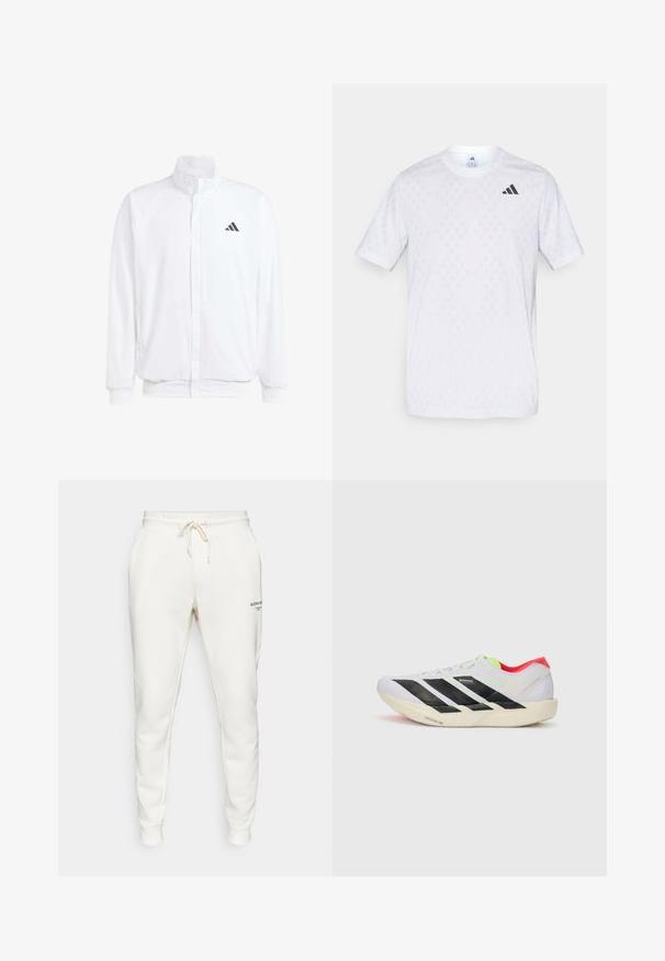 Bela lahka jakna s stojčnim ovratnikom, sprednjim zadrgo, stranskimi žepi in črnimi Adidasovimi logotipi na levem prsnem delu. Mehak material.; Bela majica s kratkimi rokavi z diskretnim diamond vzorcem, izdelana iz lahkotnega blaga, z črnim adidas logotipom na prsih.; Björn Borg ESSENTIAL PANTS - Spodnji deli trenirk - cloud dancer; Bela športna obutev z črnimi črtami, neonsko zelenimi poudarki in rdečo peto. Ima lahko zasnovo in teksturiran podplat za dober oprijem.