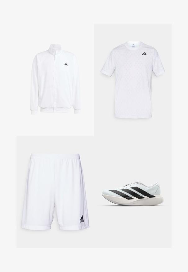 Balts viegls jaciņš ar stāvo apkakli, priekšējo rāvējslēdzēju, sānu kabatām un melnu Adidas logo kreisajā krūtī. Mīksta tekstūra.; Balta īsām piedurknēm T-kreklā ar vieglu dimanta rakstu, izgatavota no viegla auduma, ar melnu adidas logo uz krūts.; Balti sporta šorti ar elastīgu jostasvietu, izgatavoti no gludas auduma. Apakšējā kreisajā pusē ir melns Adidas logotips.; Gaiši zili vieglie skriešanas apavi ar melniem svītrainiem. Iezīmēti ar gludu augšpusi, apaļu purngalu un biezāko balto vidējo zoli, kurā ir uzraksts "LIGHTSTRIKE PRO."