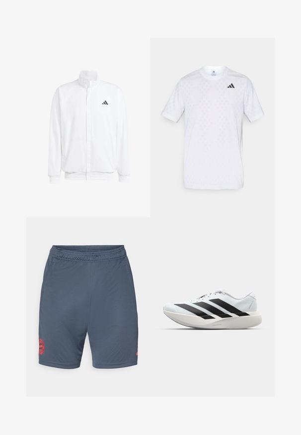 White lightweight jacket featuring a stand collar, front zipper closure, side pockets, and a black Adidas logo on the left chest. Soft texture.; White short-sleeve t-shirt featuring a subtle diamond pattern, made from lightweight fabric, with a black adidas logo on the chest.; Gray soccer shorts with elastic waistband, featuring a red embroidered Bayern Munich logo on the lower left side. Smooth, lightweight fabric.; Lightweight running shoes in pale blue with black stripes. Features a smooth upper, round toe, and thick white midsole labeled "LIGHTSTRIKE PRO."