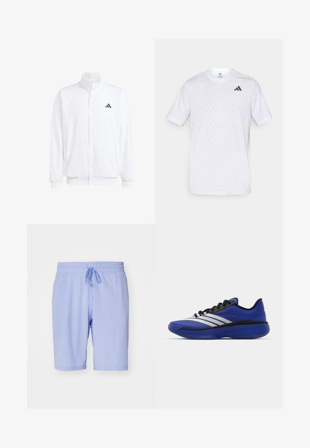 Casaco leve branco com colarinho alto, fecho frontal com zipper, bolsos laterais e um logótipo preto da Adidas no peito esquerdo. Textura suave.; T-shirt branca de mangas curtas com um padrão discreto de diamantes, feita de tecido leve, com o logótipo preto da adidas no peito.; adidas Performance TENNIS ERGO - Calções desportivos - blue spark; adidas Performance ADIZERO SELECT 3.0 - Sapatilhas de basquetebol - lucid blue/core black/metallic