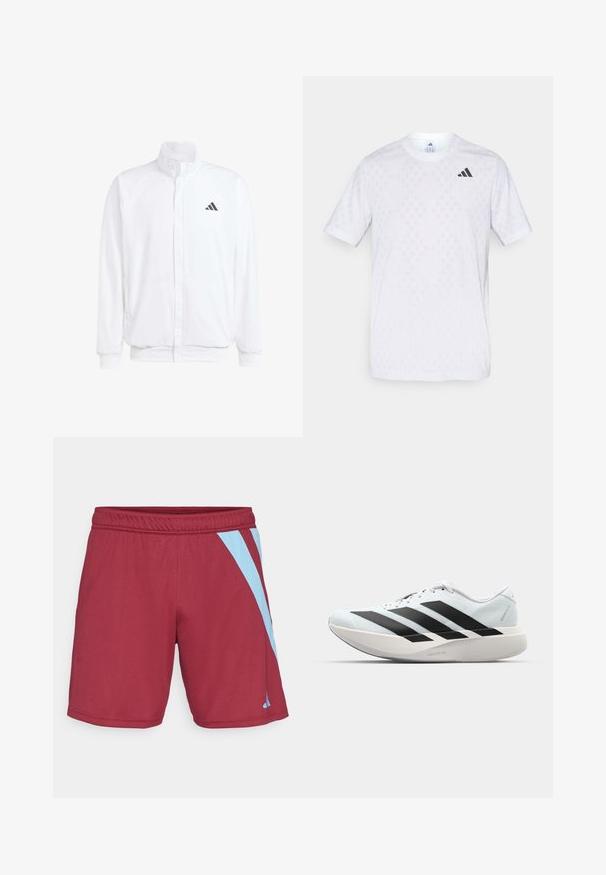 Chaqueta ligera blanca con cuello alzado, cierre frontal con cremallera, bolsillos laterales y un logo negro de Adidas en el lado izquierdo del pecho. Textura suave.; Camiseta de manga corta blanca con un sutil patrón de diamantes, fabricada en tejido ligero, con un logotipo de adidas negro en el pecho.; Pantalones cortos deportivos color burdeos con franjas laterales azul claro, cinturilla elástica y textura suave, diseñados para la comodidad y la flexibilidad en el movimiento.; Zapatillas de running ligeras en azul pálido con rayas negras. Presentan una parte superior suave, puntera redonda y una gruesa mediasuela blanca etiquetada como "LIGHTSTRIKE PRO".