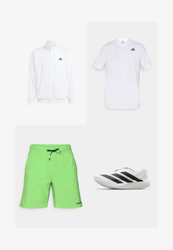 Valge kerge jakk, millel on seisev krae, ees lukuga kinnitus, küljetaskud ja must Adidas logo vasakul rinnal. Pehme tekstuur.; Valge lühikeste varrukatega T-särk, millel on peen teemantmuster, valmistatud kerge kangaga, musta adidasi logoga rinnal.; Heledad rohelised lühikesed püksid elastse vöökohtaga, reguleeritava musta nööriga ja logoga kaunistus. Sile tekstuur küljetaskutega.; Kerged jooksujalatsid helesinises värvuses mustade triipudega. Omavad siledat pealispinda, ümarat varvase osa ja paksu valget vahemõõtu, millel on silt "LIGHTSTRIKE PRO".