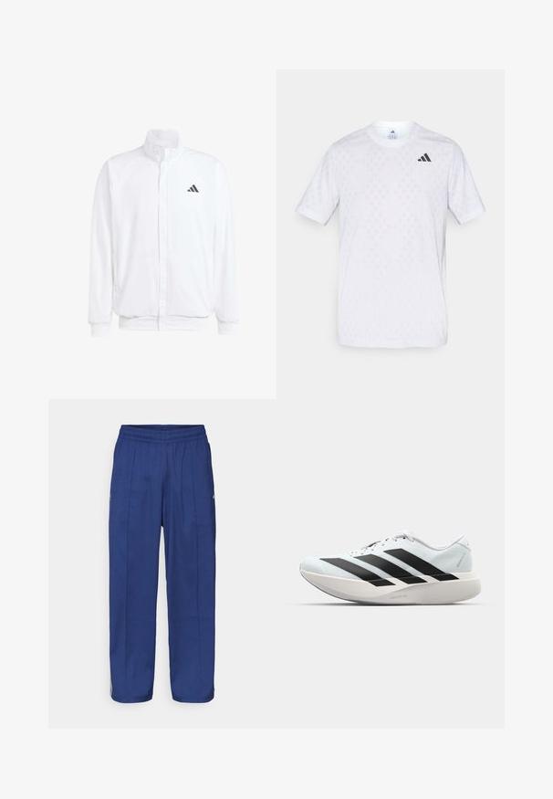 Hvid letvægtsjakke med en ståkrave, frontlynlås, sidelommer og et sort Adidas-logo på venstre bryst. Blød tekstur.; Hvid kortærmet t-shirt med et diskret diamantmønster, lavet af letvægtsstof, med et sort adidas-logo på brystet.; Marineblå, løstsiddende bukser med elastisk talje, der har to frontfoldninger og diskrete sidelister for ekstra detalje.; Letvægtige løbesko i lys blå med sorte striber. Har en glat overdel, rund tå og tyk hvid mellemsål mærket "LIGHTSTRIKE PRO."