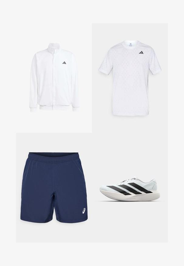 Casaco leve branco com colarinho alto, fecho frontal com zipper, bolsos laterais e um logótipo preto da Adidas no peito esquerdo. Textura suave.; T-shirt branca de mangas curtas com um padrão discreto de diamantes, feita de tecido leve, com o logótipo preto da adidas no peito.; Calças de desporto azul-marinho com um cós elástico, tecido sintético suave, e um destaque de logótipo branco no canto inferior esquerdo.; Tênis de corrida leves em azul pálido com riscas pretas. Apresentam um cabedal liso, bico redondo e uma entressola espessa branca rotulada como "LIGHTSTRIKE PRO."