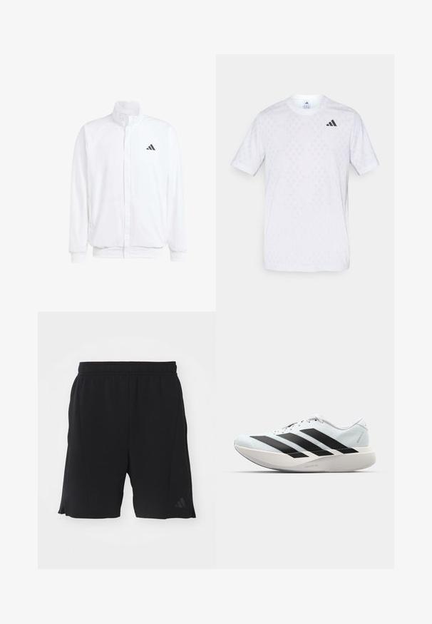 Fehér, könnyű dzseki, álló gallérral, elülső cipzáros záródással, oldalsó zsebekkel és fekete Adidas logóval a bal mellen. Puha tapintású.; Fehér, rövid ujjú póló, diszkrét gyémántmintával, könnyű anyagból készült, fekete adidas logóval a mellrészen.; Fekete sportos rövidnadrág, könnyű anyagból készült, elasztikus derékbőséggel. Oldalsó szellőzőnyílásokkal és diszkrét logóval a bal lábon.; Világoskék, fekete csíkos könnyű futószerek. Simább felső résszel, kerek orral és vastag fehér középtalppal, amelyen a "LIGHTSTRIKE PRO" felirat olvasható.