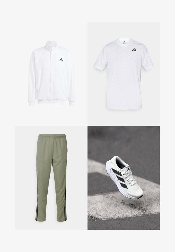 Valkoinen kevyt takki, jossa on pystysuora kaulus, etuvetoketju, sivutaskut ja musta Adidas-logo vasemmassa rinnassa. Pehmeä rakenne.; Valkoinen lyhythihainen t-paita, jossa on hienovarainen timanttikuosi, valmistettu kevyestä materiaalista, mustalla adidas-logolla rintamuksessa.; adidas Performance TRAIN ESSENTIALS 3-STRIPES - Verryttelyhousut - silver pebble/black; Valkoinen urheilujalkine, jossa on teksturoitu verkkomateriaali, mustat raidat, nauhakiinnitys ja pehmustettu pohja, leijuu merkittyjen tienpintojen yllä.