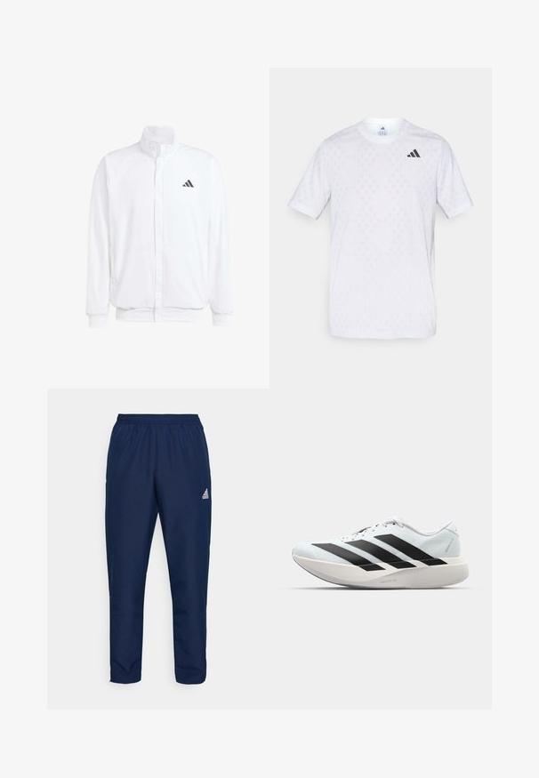 Balts viegls jaciņš ar stāvo apkakli, priekšējo rāvējslēdzēju, sānu kabatām un melnu Adidas logo kreisajā krūtī. Mīksta tekstūra.; Balta īsām piedurknēm T-kreklā ar vieglu dimanta rakstu, izgatavota no viegla auduma, ar melnu adidas logo uz krūts.; Tumši zilie sporta bikses, kas izgatavotas no viegla, gluda auduma, ar elastīgu jostu un baltu logo kreisajā augšstilbā.; Gaiši zili vieglie skriešanas apavi ar melniem svītrainiem. Iezīmēti ar gludu augšpusi, apaļu purngalu un biezāko balto vidējo zoli, kurā ir uzraksts "LIGHTSTRIKE PRO."