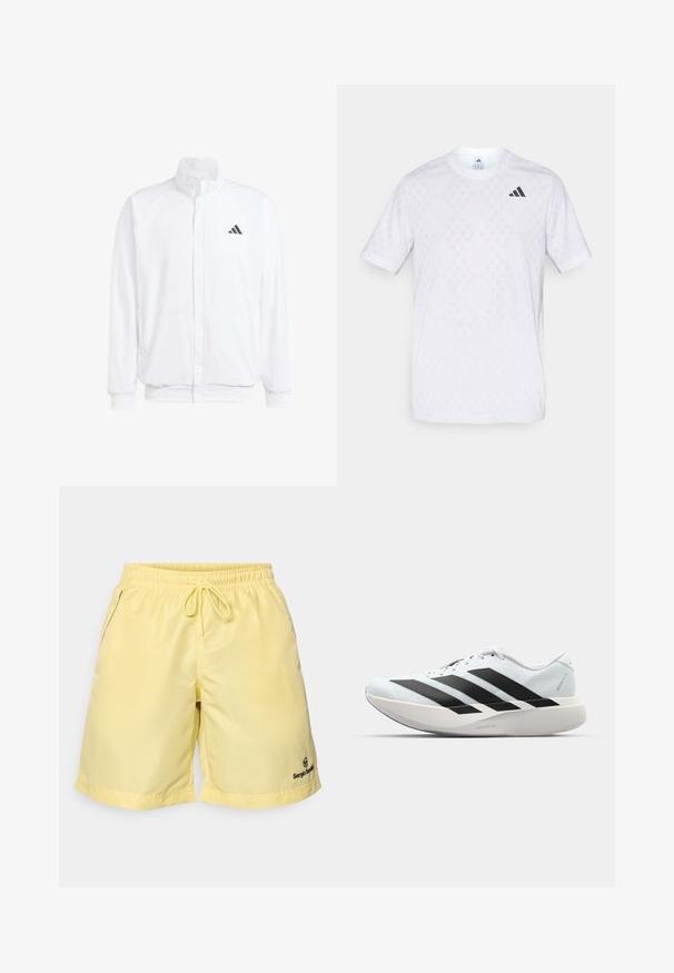 Valkoinen kevyt takki, jossa on pystysuora kaulus, etuvetoketju, sivutaskut ja musta Adidas-logo vasemmassa rinnassa. Pehmeä rakenne.; Valkoinen lyhythihainen t-paita, jossa on hienovarainen timanttikuosi, valmistettu kevyestä materiaalista, mustalla adidas-logolla rintamuksessa.; Keltaiset uimapuvut, jotka on valmistettu kevyestä materiaalista. Niissä on joustava vyötärönyöri, sivutaskut ja logo alahelmassa.; Kevyt juoksukengät vaaleansinisinä mustilla raidoilla. Ominaisuuksiin kuuluu sileä pinta, pyöreä kärki ja paksu valkoinen välipohja, joka on merkitty "LIGHTSTRIKE PRO".