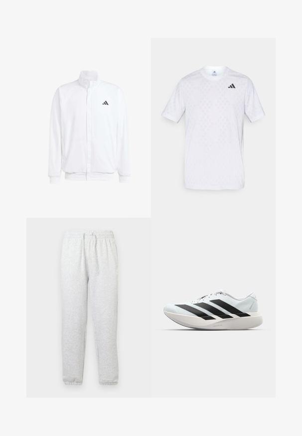 Hvid letvægtsjakke med en ståkrave, frontlynlås, sidelommer og et sort Adidas-logo på venstre bryst. Blød tekstur.; Hvid kortærmet t-shirt med et diskret diamantmønster, lavet af letvægtsstof, med et sort adidas-logo på brystet.; Lysegrå sweatpants lavet af blødt materiale, med en elastisk talje og snøre samt elastiske manchetter ved anklerne.; Letvægtige løbesko i lys blå med sorte striber. Har en glat overdel, rund tå og tyk hvid mellemsål mærket "LIGHTSTRIKE PRO."