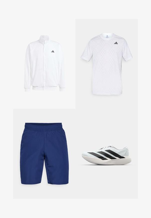 Balta lengva striukė su stovinčiu apykaklės, priekyje užtrauktuku, šoninėmis kišenėmis ir juodu Adidas logotipu kairėje krūtinės pusėje. Minkšta tekstūra.; Balti trumpa rankovė t-shirto viršutinė dalis su subtiliu deimantų raštu, pagaminta iš lengvo audinio, su juodu adidas logotipu ant krūtinės.; Tamsiai mėlyni sportiniai šortai, pagaminti iš tekstūruoto audinio, su elastine juosta ir mažo logotipo akcentu šone.; Lengvi bėgimo batai šviesiai mėlynos spalvos su juodomis juostelėmis. Yra lygus viršus, apvalus pirštas ir storas baltas vidpadis su užrašu "LIGHTSTRIKE PRO."