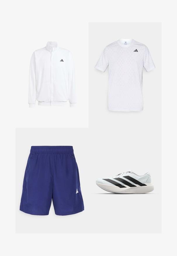 Witte lichtgewicht jas met een staande kraag, voorzijde met rits, zijzakken en een zwart Adidas-logo op de linkerborst. Zachte textuur.; Witte t-shirt met korte mouwen, voorzien van een subtiel ruitpatroon, gemaakt van lichte stof, met een zwart adidas-logo op de borst.; Marine sportshorts met een elastische tailleband, zijzakken met rits en een wit logo aan de onderzijde rechts. Glad, lichtgewicht materiaal.; Lichte hardloopschoenen in lichtblauw met zwarte strepen. Beschikt over een soepele bovenkant, ronde neusstuk en dikke witte tussenzool met het label "LIGHTSTRIKE PRO."