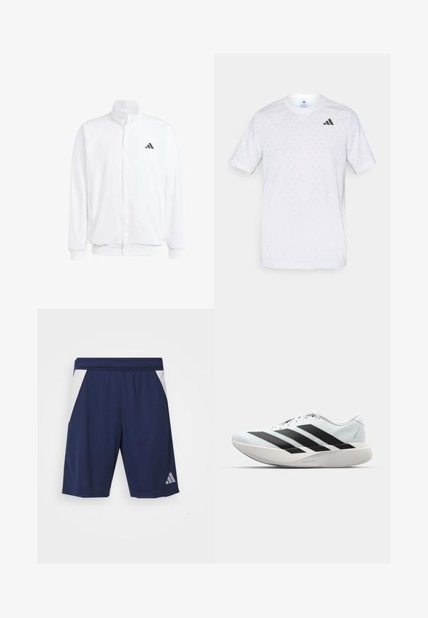 Witte lichtgewicht jas met een staande kraag, voorzijde met rits, zijzakken en een zwart Adidas-logo op de linkerborst. Zachte textuur.; Witte t-shirt met korte mouwen, voorzien van een subtiel ruitpatroon, gemaakt van lichte stof, met een zwart adidas-logo op de borst.; Marine blauwe sportshorts van gladde stof. Heeft witte zijaccenten en een elastische tailleband. Inclusief een zilveren logo op het linkerpant.; Lichte hardloopschoenen in lichtblauw met zwarte strepen. Beschikt over een soepele bovenkant, ronde neusstuk en dikke witte tussenzool met het label "LIGHTSTRIKE PRO."