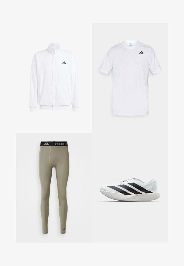 Casaco leve branco com colarinho alto, fecho frontal com zipper, bolsos laterais e um logótipo preto da Adidas no peito esquerdo. Textura suave.; T-shirt branca de mangas curtas com um padrão discreto de diamantes, feita de tecido leve, com o logótipo preto da adidas no peito.; adidas Performance TF BASE - Leggings - silver pebble; Tênis de corrida leves em azul pálido com riscas pretas. Apresentam um cabedal liso, bico redondo e uma entressola espessa branca rotulada como "LIGHTSTRIKE PRO."