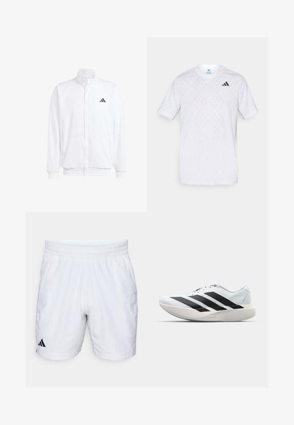 Valkoinen kevyt takki, jossa on pystysuora kaulus, etuvetoketju, sivutaskut ja musta Adidas-logo vasemmassa rinnassa. Pehmeä rakenne.; Valkoinen lyhythihainen t-paita, jossa on hienovarainen timanttikuosi, valmistettu kevyestä materiaalista, mustalla adidas-logolla rintamuksessa.; Valkoiset urheilushortsit, joissa on elastinen vyötärö, ja ne on valmistettu tekstuuririkkaasta kankaasta. Vasemmassa alareunassa on musta Adidas-logo.; Kevyt juoksukengät vaaleansinisinä mustilla raidoilla. Ominaisuuksiin kuuluu sileä pinta, pyöreä kärki ja paksu valkoinen välipohja, joka on merkitty "LIGHTSTRIKE PRO".