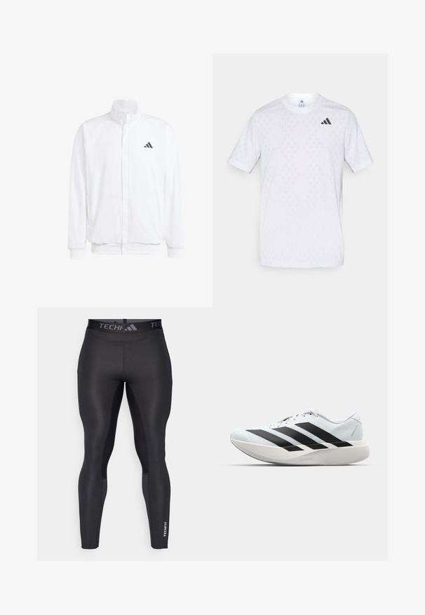 Veste légère blanche avec col montant, fermeture éclair sur le devant, poches latérales, et un logo Adidas noir sur la poitrine gauche. Texture douce.; T-shirt blanc à manches courtes avec un motif diamante subtil, fabriqué à partir d'un tissu léger, avec un logo adidas noir sur la poitrine.; Leggings de sport noirs avec une texture lisse, dotés d'une taille large étiquetée "TECHFIT" et de subtils accents sur les panneaux latéraux.; Baskets de course légères en bleu pâle avec des rayures noires. Elles présentent un dessus lisse, un embout rond et une semelle intermédiaire blanche épaisse étiquetée "LIGHTSTRIKE PRO".
