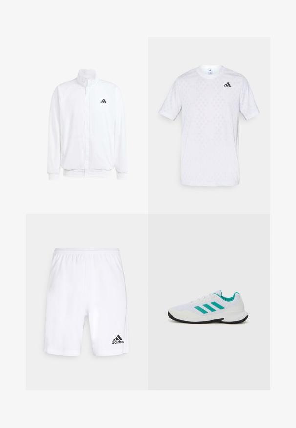 Witte lichtgewicht jas met een staande kraag, voorzijde met rits, zijzakken en een zwart Adidas-logo op de linkerborst. Zachte textuur.; Witte t-shirt met korte mouwen, voorzien van een subtiel ruitpatroon, gemaakt van lichte stof, met een zwart adidas-logo op de borst.; Witte sportshorts van lichtgewicht stof, met een elastische tailleband en een zwart Adidas-logo op het linkerpand.; Witte sport schoen met turquoise accenten, bovenwerk van mesh, drie parallelle strepen aan de zijkant, gestructureerde hak en een zwarte rubberen zool.