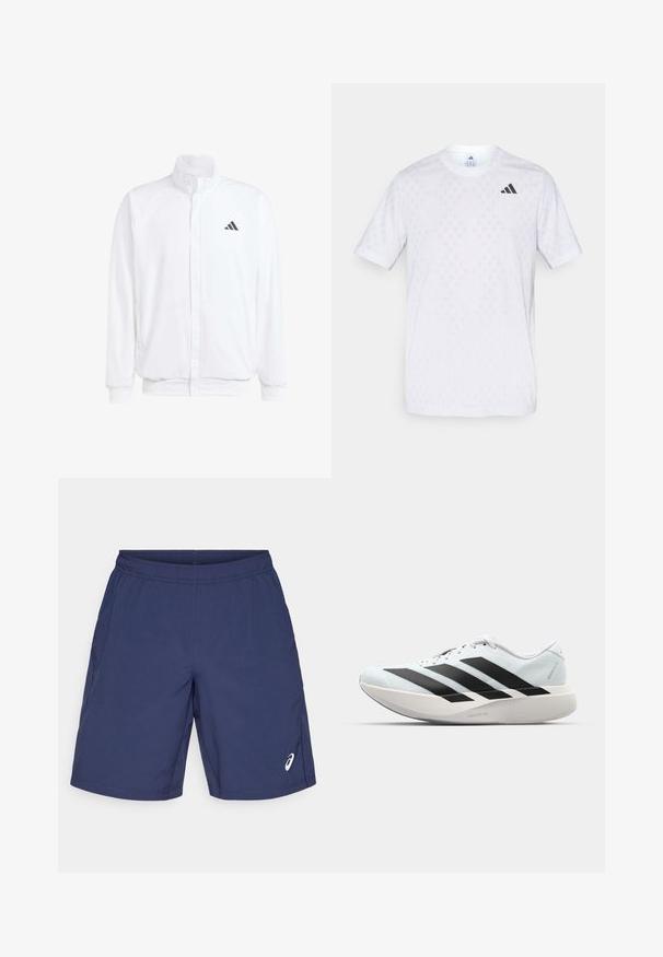 Casaco leve branco com colarinho alto, fecho frontal com zipper, bolsos laterais e um logótipo preto da Adidas no peito esquerdo. Textura suave.; T-shirt branca de mangas curtas com um padrão discreto de diamantes, feita de tecido leve, com o logótipo preto da adidas no peito.; Calções azul marinho feitos de tecido leve, com um cós elástico e bolsos laterais. Logótipo exibido na parte inferior esquerda.; Tênis de corrida leves em azul pálido com riscas pretas. Apresentam um cabedal liso, bico redondo e uma entressola espessa branca rotulada como "LIGHTSTRIKE PRO."