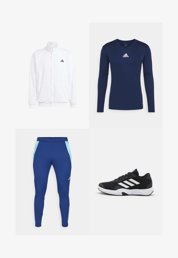 Witte lichtgewicht jas met een staande kraag, voorzijde met rits, zijzakken en een zwart Adidas-logo op de linkerborst. Zachte textuur.; Marineblauw sportshirt met lange mouwen, gemaakt van textuurstof, met een V-hals en een wit Adidas-logo op de borst. Eenvoudig ontwerp, nauwsluitende pasvorm.; Marineblauwe sportleggings gemaakt van rekbaar materiaal, met lichtblauwe zijpanelen en een aansluitend ontwerp met een smalle enkelboord.; Zwarte sportieve schoenen met een geperforeerde mesh bovenkant, witte accentstrepen, een gevoerde zool en een versterkte hiel voor extra ondersteuning.