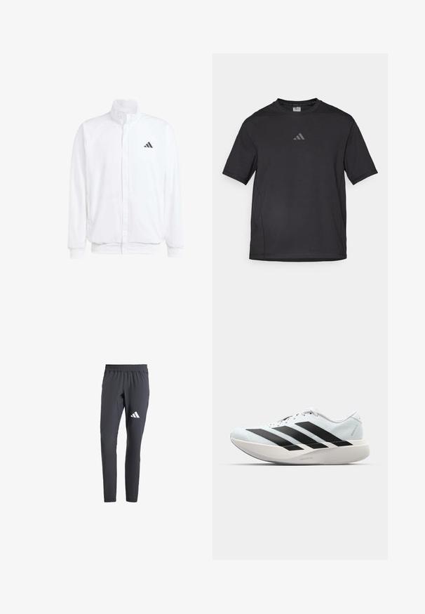 Weiße leichte Jacke mit Stehkragen, durchgehendem Reißverschluss, seitlichen Taschen und schwarzem Adidas-Logo auf der linken Brust. Weicher Stoff.; Schwarzes Sport-T-Shirt aus atmungsaktivem Material, mit kurzen Ärmeln, rundem Ausschnitt und einem reflexiven Logo auf der Brust.; Graue Sporthosen mit schmalem Schnitt, elastischem Bund und weißem Drei-Streifen-Logo auf dem linken Oberschenkel. Hergestellt aus leichtem Stoff.; Leichte Laufschuhe in hellblau mit schwarzen Streifen. Sie verfügen über ein glattes Obermaterial, eine runde Zehenpartie und eine dicke weiße Zwischensohle, die mit "LIGHTSTRIKE PRO" beschriftet ist.