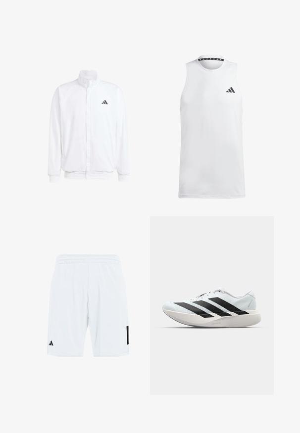 Biela ľahká bunda so stojáčikovým golierom, predným zipsom, bočnými vreckami a čiernym logom Adidas na ľavej hrudi. Mäkčená štruktúra.; Biela bezrukávová atletická tielko vyrobená z hladkej látky. Má čierne logo na ľavej hrudi a vzorovaný čierny výstrih.; Biele atletické šortky s elastickým pásom, so štyrmi čiernymi pruhmi na bokoch a čiernym logom na dolnej ľavej nohe.; Ľahké bežecké topánky v svetlomodrej farbe s čiernymi pruhmi. Majú hladký zvršok, okrúle špičky a hrubú bielu medzipodrážku označenú "LIGHTSTRIKE PRO."