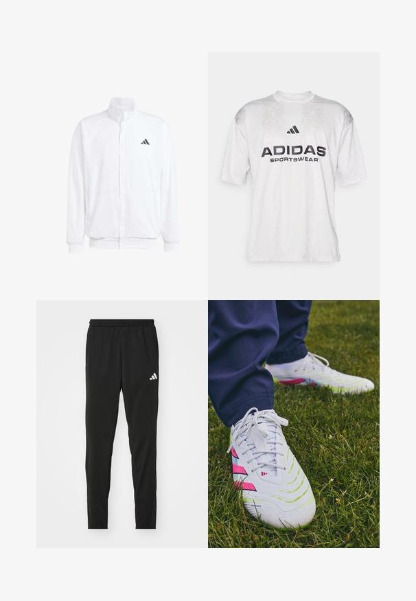 Biała lekka kurtka z podwyższonym kołnierzem, przednim zamkiem błyskawicznym, bocznymi kieszeniami oraz czarnym logo Adidas na lewej piersi. Miękka tekstura.; adidas Sportswear TIRO szary; Czarne spodnie sportowe z elastycznym pasem, zwężanym krojem i białym logo Adidas na lewej udzie. Gładki, lekki materiał.; Białe sportowe buty z teksturowanymi powierzchniami, zielonymi i różowymi akcentami oraz charakterystycznym wzorem na podeszwie, na tle trawy.