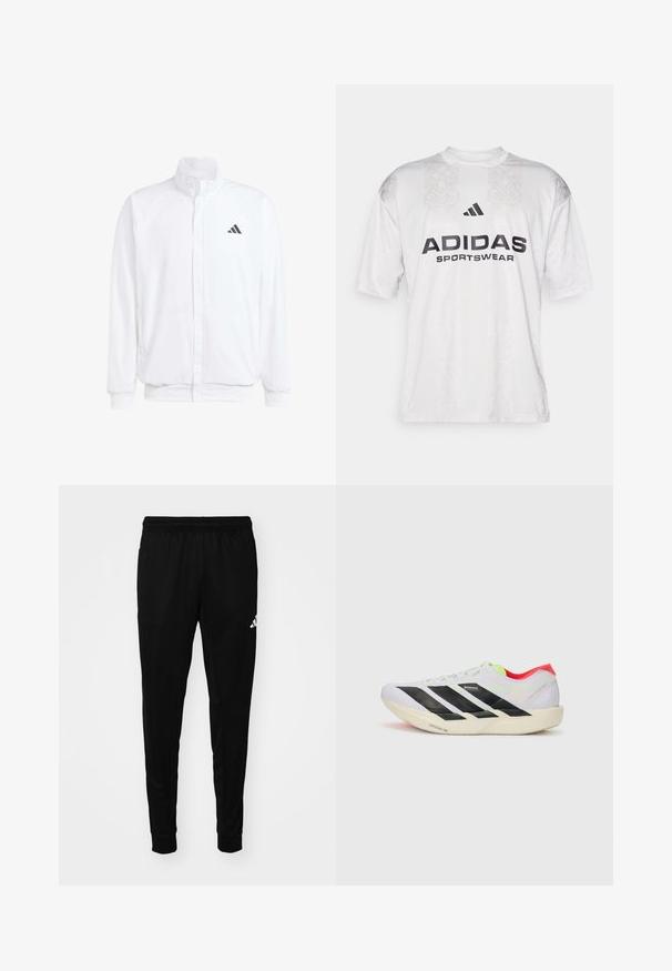 Bela lahka jakna s stojčnim ovratnikom, sprednjim zadrgo, stranskimi žepi in črnimi Adidasovimi logotipi na levem prsnem delu. Mehak material.; adidas Sportswear TIRO TEE - Potiskana majica - grey one/black; Črne športne hlače iz lahkega materiala, z elastičnim pasom, ožjimi nogami in belim logotipom na stranici.; Bela športna obutev z črnimi črtami, neonsko zelenimi poudarki in rdečo peto. Ima lahko zasnovo in teksturiran podplat za dober oprijem.
