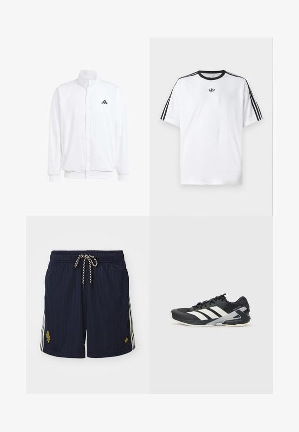 Bela lahka jakna s stojčnim ovratnikom, sprednjim zadrgo, stranskimi žepi in črnimi Adidasovimi logotipi na levem prsnem delu. Mehak material.; Bela majica iz bombaža z črnimi okroglimi izrezi in tremi črnimi črtami na vsakem ramu. Majhen črn logotip na prsih.; Morske kopalne hlače z teksturiranim navpičnim črtastim vzorcem, elastičnim pasom in vrvico. Imajo zlati logotip in bele stranske črte.; Črne atletske čevlje z belimi črtami, mrežastim zgornjim delom, zaobljenim nosom in blaženim podplatom. Imajo teksturiran petni del in varen sistem vezalk.