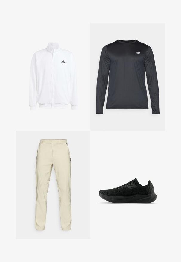 Balta lengva striukė su stovinčiu apykaklės, priekyje užtrauktuku, šoninėmis kišenėmis ir juodu Adidas logotipu kairėje krūtinės pusėje. Minkšta tekstūra.; Juodas ilgomis rankovėmis sportinis marškinėliai, pagaminti iš lygaus, lengvo audinio su subtilia tekstūra. Ant viršutinės kairės krūtinės puikuojasi mažas logotipas.; Oakley TERRAIN PANT - Kelnės - silver sage/white; Juodas sportinis batelis su tekstūruotu paviršiumi, pasižymintis stilingu dizainu, su raišteliais užsegantis ir storesne padanga, kuri užtikrina geresnį sukibimą.