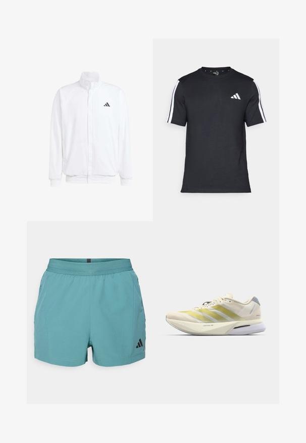 Valge kerge jakk, millel on seisev krae, ees lukuga kinnitus, küljetaskud ja must Adidas logo vasakul rinnal. Pehme tekstuur.; Mustvalge T-särk puuvillast, lühikeste varrukatega, millel on valged triibud õlgadel ja valge logo vasakul rinnal.; Tõhusad teokelaga teal värvi sportlühikesed püksid, millel on tekstuuriga vöökoht, küljetaskud ja must Adidas logo paremal alapoole. Kerge kangas.; Jooksujalats kerge kreemjast võrkmaterjalist ülemise osaga, millel on kollased triibud, pehme valge vaheosa ning hall kannaaktsent.
