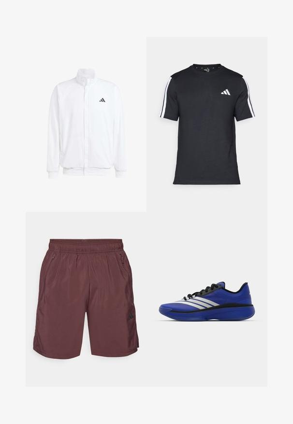 Casaco leve branco com colarinho alto, fecho frontal com zipper, bolsos laterais e um logótipo preto da Adidas no peito esquerdo. Textura suave.; T-shirt preto feito de algodão, com mangas curtas, apresentando riscas brancas nos ombros e um logótipo branco no lado esquerdo do peito.; adidas Performance TR-ES WV SHO - Calções desportivos - shadow brown/black; adidas Performance ADIZERO SELECT 3.0 - Sapatilhas de basquetebol - lucid blue/core black/metallic