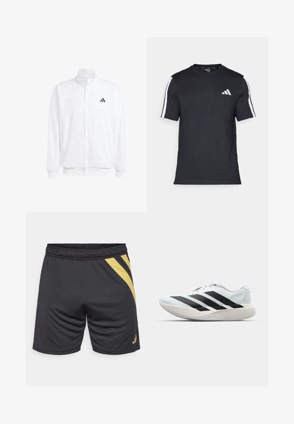 Casaco leve branco com colarinho alto, fecho frontal com zipper, bolsos laterais e um logótipo preto da Adidas no peito esquerdo. Textura suave.; T-shirt preto feito de algodão, com mangas curtas, apresentando riscas brancas nos ombros e um logótipo branco no lado esquerdo do peito.; Calções atléticos pretos com um design de faixa diagonal amarela, cintura elástica e textura suave, adequados para desporto e exercício.; Tênis de corrida leves em azul pálido com riscas pretas. Apresentam um cabedal liso, bico redondo e uma entressola espessa branca rotulada como "LIGHTSTRIKE PRO."