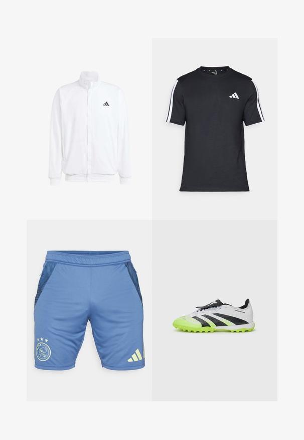 Weiße leichte Jacke mit Stehkragen, durchgehendem Reißverschluss, seitlichen Taschen und schwarzem Adidas-Logo auf der linken Brust. Weicher Stoff.; Schwarzes T-Shirt aus Baumwolle mit kurzen Ärmeln, ausgestattet mit weißen Streifen auf den Schultern und einem weißen Logo auf der linken Brust.; Blaue Sportshorts aus glattem Stoff mit Netz-Einsätzen an den Seiten. Mit einem Logo und gelben Sternen auf der Vorderseite sowie Branding an der Seite.; Weißer und schwarzer Fußballschuh mit neongrünen Akzenten. Texturiertes Obermaterial, schwarze Streifen und geformte Stollen auf einer kontrastierenden, lebhaften Sohle.