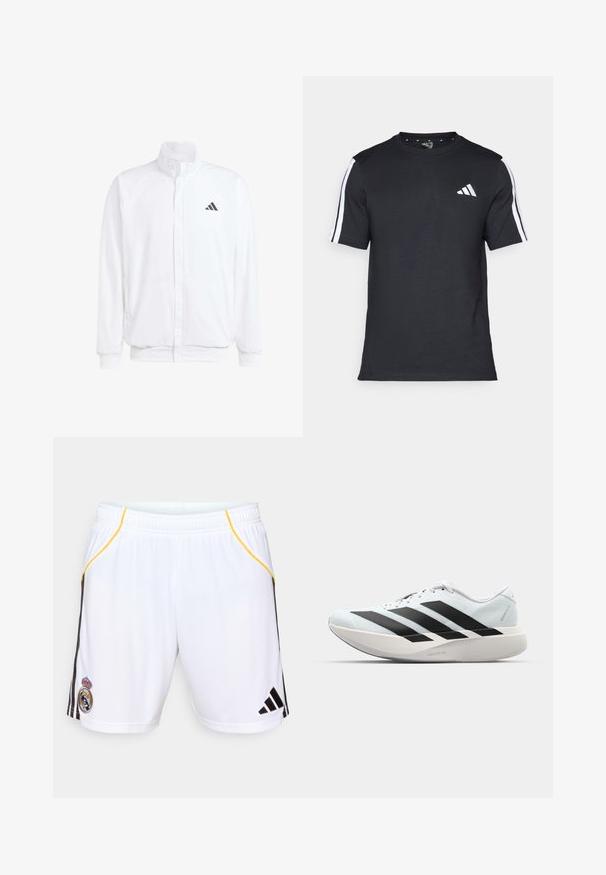 Valge kerge jakk, millel on seisev krae, ees lukuga kinnitus, küljetaskud ja must Adidas logo vasakul rinnal. Pehme tekstuur.; Mustvalge T-särk puuvillast, lühikeste varrukatega, millel on valged triibud õlgadel ja valge logo vasakul rinnal.; Valged spordilühikesed püksid mustade külgtriipudega ja kollaste aktsentidega, millel on vasakul jalal tikitud embleem ja elastne vöökoht.; Kerged jooksujalatsid helesinises värvuses mustade triipudega. Omavad siledat pealispinda, ümarat varvase osa ja paksu valget vahemõõtu, millel on silt "LIGHTSTRIKE PRO".