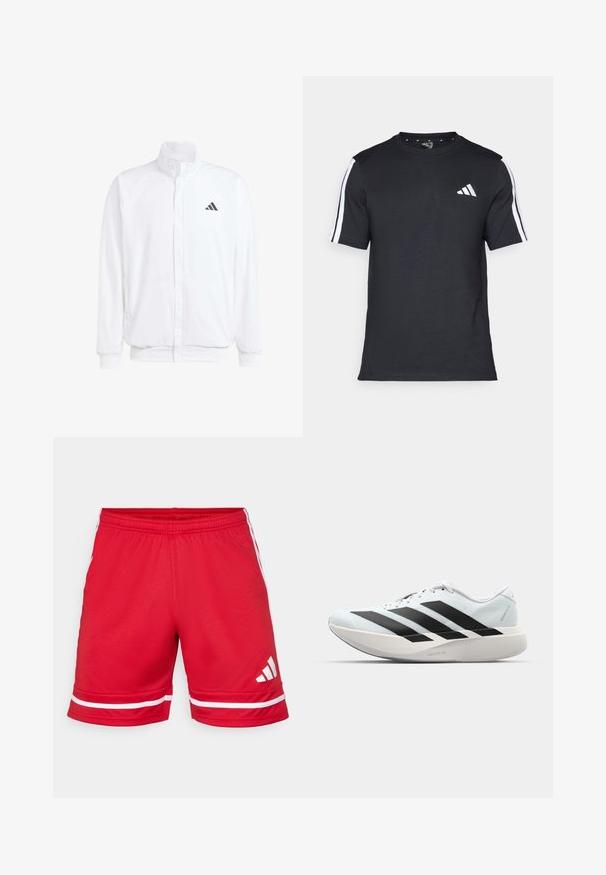 Balta lengva striukė su stovinčiu apykaklės, priekyje užtrauktuku, šoninėmis kišenėmis ir juodu Adidas logotipu kairėje krūtinės pusėje. Minkšta tekstūra.; Juodas medvilninis marškinėlis trumpomis rankovėmis, su baltais dryžiais ant pečių ir baltu logo kairiajame krūtinėje.; Raudoni sportiniai šortai, pagaminti iš lengvos medžiagos, su baltais horizontaliais dryžiais ant apatinio krašto ir baltu logotipu ant kairiojo šlaunies.; Lengvi bėgimo batai šviesiai mėlynos spalvos su juodomis juostelėmis. Yra lygus viršus, apvalus pirštas ir storas baltas vidpadis su užrašu "LIGHTSTRIKE PRO."