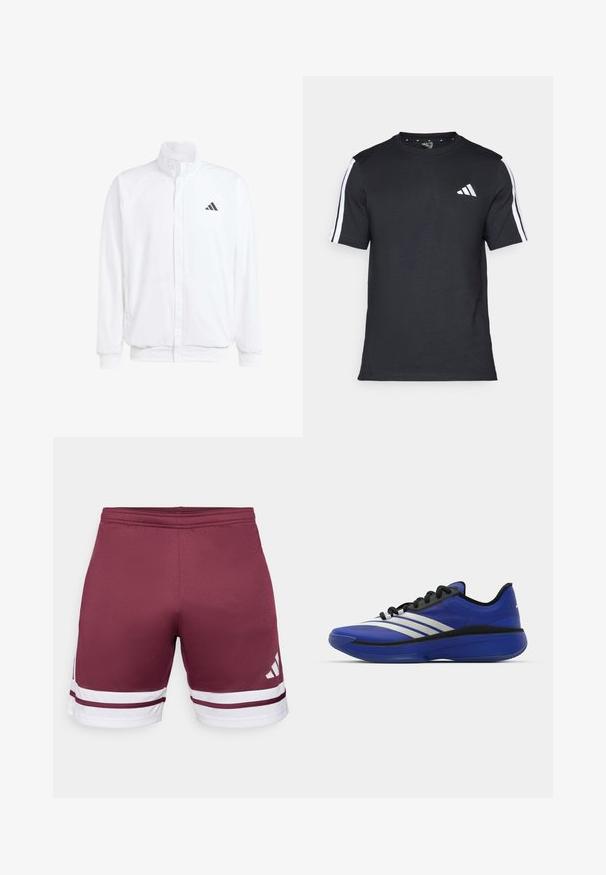 Casaco leve branco com colarinho alto, fecho frontal com zipper, bolsos laterais e um logótipo preto da Adidas no peito esquerdo. Textura suave.; T-shirt preto feito de algodão, com mangas curtas, apresentando riscas brancas nos ombros e um logótipo branco no lado esquerdo do peito.; Bermudas de desporto cor grená com riscas brancas. Textura suave, cintura elástica, apresenta um detalhe de logo na parte inferior.; adidas Performance ADIZERO SELECT 3.0 - Sapatilhas de basquetebol - lucid blue/core black/metallic