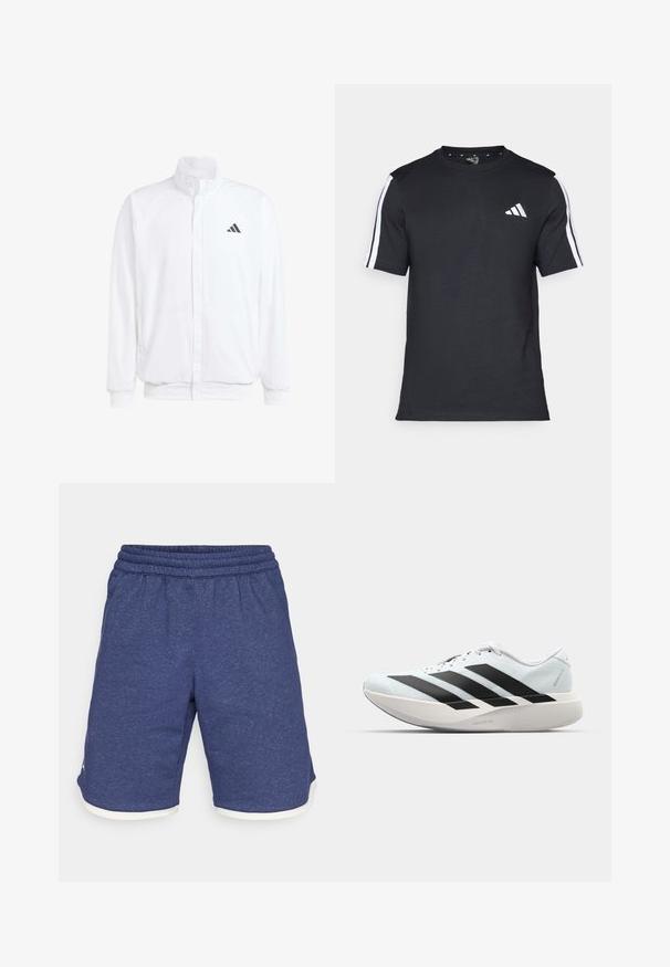 Valge kerge jakk, millel on seisev krae, ees lukuga kinnitus, küljetaskud ja must Adidas logo vasakul rinnal. Pehme tekstuur.; Mustvalge T-särk puuvillast, lühikeste varrukatega, millel on valged triibud õlgadel ja valge logo vasakul rinnal.; Sinised sportlikud lühikesed püksid, mis on valmistatud heleda koeeritud kangast. Omavad elastset vöökohta ja valget äärt sääre avades. Sirge lõikega disain.; Kerged jooksujalatsid helesinises värvuses mustade triipudega. Omavad siledat pealispinda, ümarat varvase osa ja paksu valget vahemõõtu, millel on silt "LIGHTSTRIKE PRO".