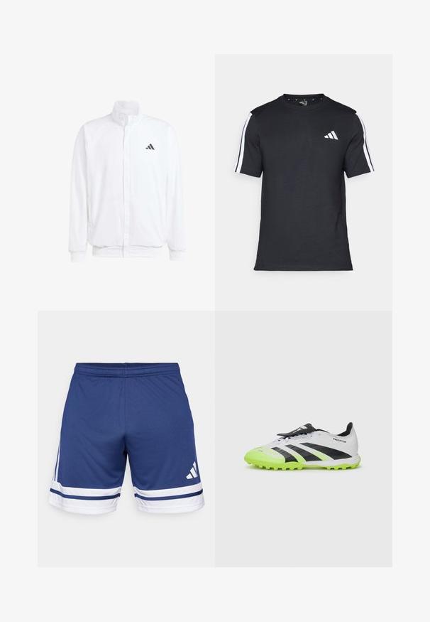 Vit lättviktsjacka med ståkrage, framdragkedja, sidofickor och en svart Adidas-logotyp på vänster bröst. Mjuk textur.; Svart T-shirt i bomull med korta ärmar, prydd med vita ränder på axlarna och en vit logotyp på vänster bröst.; Marinblå idrottsshorts i lättmaterial med vita och blå randiga detaljer vid nederkanten och en elastisk midja.; Vit och svart fotbollssko med neongröna detaljer. Texturerat övre, svarta ränder och formade dobbar på en kontrasterande, livlig sula.