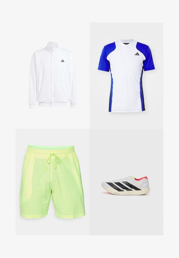 Giacca leggera bianca con colletto alto, chiusura frontale con zip, tasche laterali e logo Adidas nero sul lato sinistro del petto. Texture morbida.; Maglietta atletica a maniche corte di colore bianco con maniche blu, caratterizzata da dettagli laterali neri e un piccolo logo nero sul petto. Tessuto morbido e liscio.; Shorts sportivi verde lime realizzati in tessuto a rete leggero e traspirante, con vita elastica e cordoncino. Presentano un motivo texturizzato.; Scarpa da corsa bianca con strisce nere, dettagli in verde neon e tallone rosso. Presenta un design leggero e una suola testurizzata per aderenza.