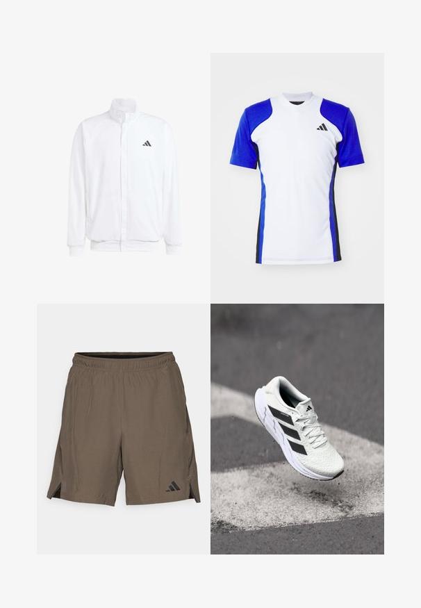 Weiße leichte Jacke mit Stehkragen, durchgehendem Reißverschluss, seitlichen Taschen und schwarzem Adidas-Logo auf der linken Brust. Weicher Stoff.; Kurzes Sportshirt in Weiß mit blauen Ärmeln, ausgestattet mit schwarzen seitlichen Akzenten und einem kleinen schwarzen Logo auf der Brust. Glatte Stoffoberfläche.; adidas Performance Kurze Sporthose - shadow olive; Weiße Sportschuh mit strukturiertem Mesh-Obermaterial, schwarzen Streifen, Schnürverschluss und gepolstertem Sohlen, schwebt über einer markierten Straßenoberfläche.