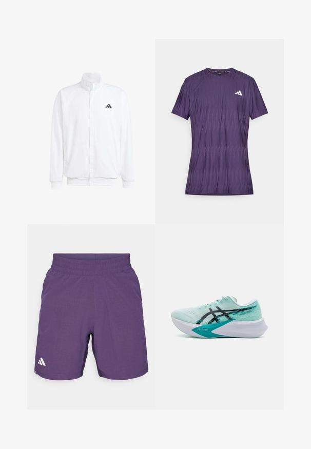 Veste légère blanche avec col montant, fermeture éclair sur le devant, poches latérales, et un logo Adidas noir sur la poitrine gauche. Texture douce.; T-shirt de sport violet avec un motif texturé, à manches courtes et encolure ronde. Présente un logo blanc sur la poitrine gauche.; Shorts de sport violets fabriqués en tissu respirant, dotés d'une taille élastique et d'un accent logo blanc sur le côté gauche.; Baskets de course bleu clair avec une tige en mesh, accents noirs et une semelle intermédiaire blanche courbée distinctive étiquetée "FFTurbo". Présente des motifs texturés.