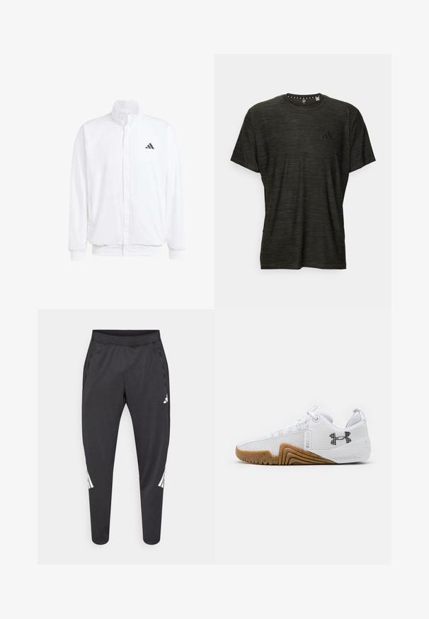 Valge kerge jakk, millel on seisev krae, ees lukuga kinnitus, küljetaskud ja must Adidas logo vasakul rinnal. Pehme tekstuur.; Tume roheline lühikeste varrukatega T-särk, millel on tekstureeritud muster, ümmargune kaelus ja rinnal väike must logo. Lame alumine serv.; Mustad spordipüksid kitsenevate säärtega, kummipaelaga vöökohal, küljetaskutega ning valge logoga ja triipudega. Valmistatud siledast, kerge kaaluga materjalist.; Valged sportlikud kingad, mis on varustatud võrgust pealsega, kummise välispõhjaga, millel on pruuni värvi tooni, tekstuursete detailidega ja must logoga külgedel.