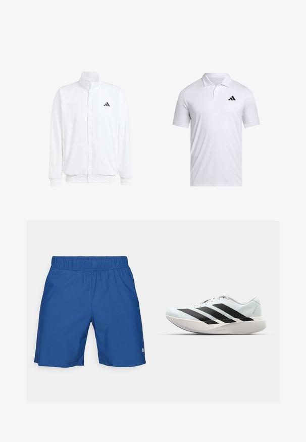 Casaco leve branco com colarinho alto, fecho frontal com zipper, bolsos laterais e um logótipo preto da Adidas no peito esquerdo. Textura suave.; Camisola polo branca feita de tecido respirável com colarinho, com mangas curtas e um logo preto da Adidas no lado esquerdo do peito.; Bermudas atléticas azul com um cós elástico, textura suave e aberturas laterais, apresentando um pequeno logo na parte inferior da perna direita.; Tênis de corrida leves em azul pálido com riscas pretas. Apresentam um cabedal liso, bico redondo e uma entressola espessa branca rotulada como "LIGHTSTRIKE PRO."