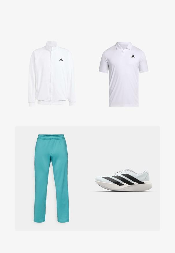 Balta lengva striukė su stovinčiu apykaklės, priekyje užtrauktuku, šoninėmis kišenėmis ir juodu Adidas logotipu kairėje krūtinės pusėje. Minkšta tekstūra.; Balta polo marškinėliai, pagaminti iš kvėpuojančios medžiagos, su apykakle, trumpomis rankovėmis ir juodu Adidas logotipu kairiajame krūtinės kampe.; Mėlynos spalvos treningai, pagaminti iš minkštos medžiagos, su elastingu juosmeniu, tiesaus kirpimo ir minimalizmo dizainu be matomų raštų.; Lengvi bėgimo batai šviesiai mėlynos spalvos su juodomis juostelėmis. Yra lygus viršus, apvalus pirštas ir storas baltas vidpadis su užrašu "LIGHTSTRIKE PRO."