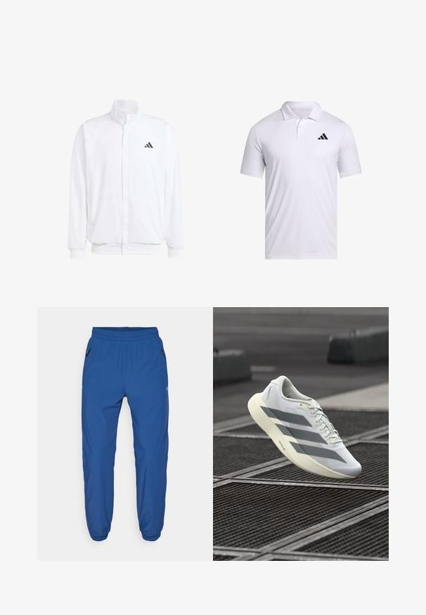 Casaco leve branco com colarinho alto, fecho frontal com zipper, bolsos laterais e um logótipo preto da Adidas no peito esquerdo. Textura suave.; Camisola polo branca feita de tecido respirável com colarinho, com mangas curtas e um logo preto da Adidas no lado esquerdo do peito.; Calças atléticas azuis feitas de um tecido suave, com um cós elástico, bolsos laterais com zíper e pernas ajustadas com punhos elásticos.; Sapatilha desportiva branca com parte superior em malha texturizada, apresentando riscas cinzentas e sola acolchoada. Design leve adequado para corrida.