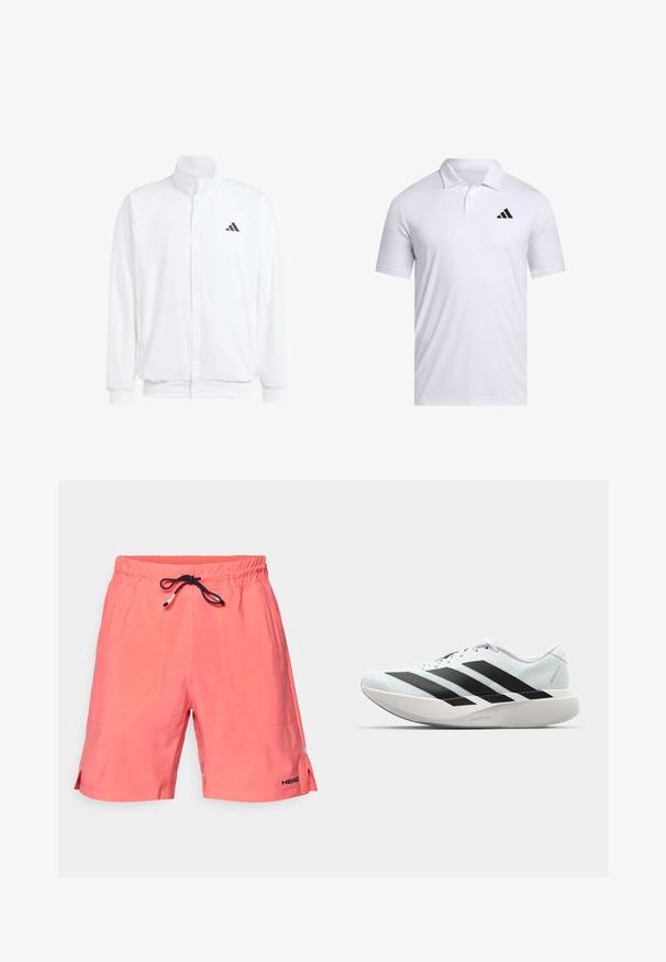 Valge kerge jakk, millel on seisev krae, ees lukuga kinnitus, küljetaskud ja must Adidas logo vasakul rinnal. Pehme tekstuur.; Valge polo särk hingavast kangast, millel on krae, lühikesed varrukad ja must Adidas logo vasakul rinnal.; Kerged sooviga ujumispüksid, mis on valmistatud kergest kangast, elastse vöökoha ja välise musta paelaga, külgedel lõhikud ja logodetail.; Kerged jooksujalatsid helesinises värvuses mustade triipudega. Omavad siledat pealispinda, ümarat varvase osa ja paksu valget vahemõõtu, millel on silt "LIGHTSTRIKE PRO".