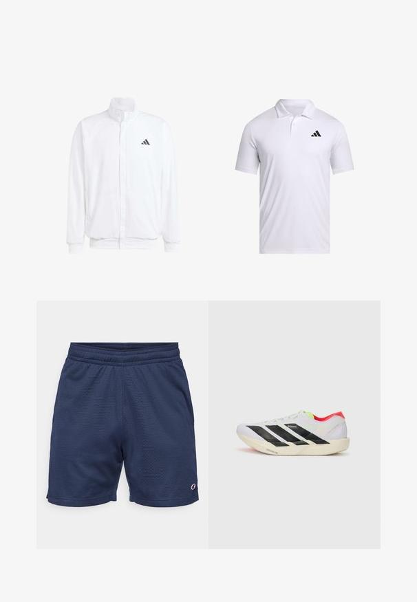 Λευκό ελαφρύ μπουφάν με όρθιο γιακά, φερμουάρ μπροστά, πλαϊνές τσέπες και μαύρο λογότυπο Adidas στο αριστερό στήθος. Μαλακή υφή.; Λευκό πόλο μπλουζάκι φτιαγμένο από αναπνεύσιμο ύφασμα με γιακά, διαθέτει κοντά μανίκια και μαύρο λογότυπο Adidas στην αριστερή πλευρά του στήθους.; Σαλοπέτες αθλητικών σορτς ναυτικού, κατασκευασμένες από αναπνεύσιμο ύφασμα δικτύου. Διαθέτουν ελαστική μέση και λογότυπο στο κάτω δεξί πόδι.; Λευκό αθλητικό παπούτσι με μαύρες ρίγες, νεόν πράσινες λεπτομέρειες και κόκκινη φτέρνα. Διαθέτει ελαφρύ σχέδιο και υφή στη σόλα για καλύτερη πρόσφυση.