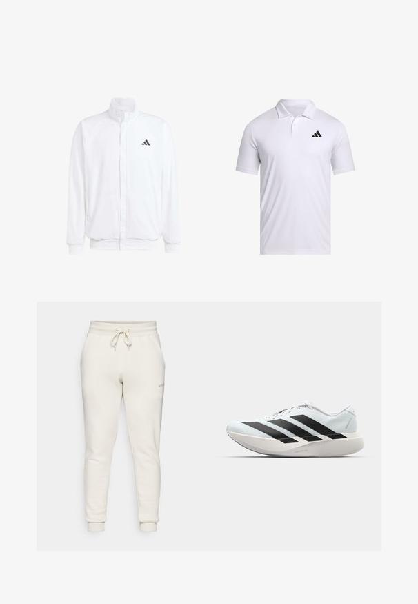 Casaco leve branco com colarinho alto, fecho frontal com zipper, bolsos laterais e um logótipo preto da Adidas no peito esquerdo. Textura suave.; Camisola polo branca feita de tecido respirável com colarinho, com mangas curtas e um logo preto da Adidas no lado esquerdo do peito.; Calças de treino brancas feitas de um tecido suave, com um cós elástico e cordão, dois bolsos laterais e tornozelos ajustados com punhos.; Tênis de corrida leves em azul pálido com riscas pretas. Apresentam um cabedal liso, bico redondo e uma entressola espessa branca rotulada como "LIGHTSTRIKE PRO."