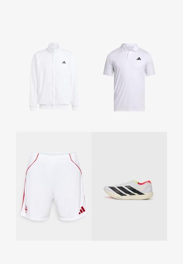 Valge kerge jakk, millel on seisev krae, ees lukuga kinnitus, küljetaskud ja must Adidas logo vasakul rinnal. Pehme tekstuur.; Valge polo särk hingavast kangast, millel on krae, lühikesed varrukad ja must Adidas logo vasakul rinnal.; Valged sportlikud lühikesed püksid punaste küljeaktsentidega, elastse vöökoha ja allääres tikitud meeskonna logo ning Adidas'i logo.; Valge jooksuking mustade triipudega, ere roheline aksessuaar ja punane konts. Omab kerget disaini ja tekstureeritud talla, mis tagab haarde.